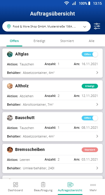 Zentek Connect Auftragübersicht